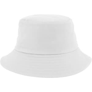 A white cotton bucket hat with a rounded top and a wide brim. It features a logo on one side.