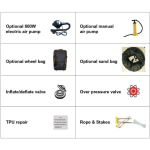 A selection of accessories for a marquee, including air pumps, a wheel bag, a sand bag, and inflation tools, all on a white background.