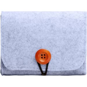 A grey felt essential oil bag with an orange button closure. It features a simple, compact design.