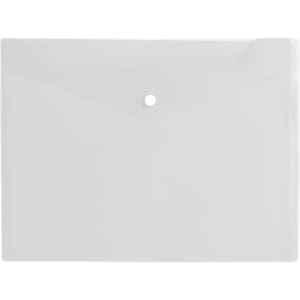A4 clear file envelope in white, featuring a button closure and a slightly textured surface. Includes a logo.