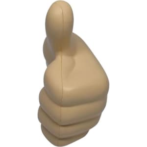 A beige fist-shaped stress reliever with a smooth surface and rounded edges. It features a logo on one side.