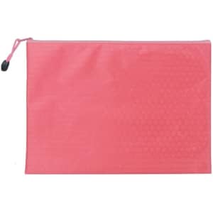 A pink zip bag with a textured pattern and a drawstring closure. It includes a logo.