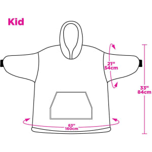 A line drawing of a kids' wearable blanket, featuring a hood, large front pocket, and measurements in pink.
