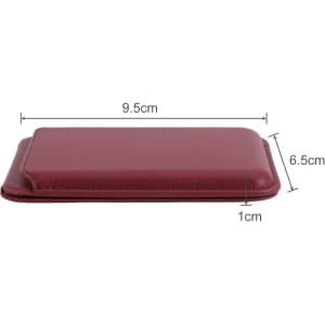 A burgundy PU foldable magnetic card holder with dimensions of 9.5 cm by 6.5 cm and a thickness of 1 cm.
