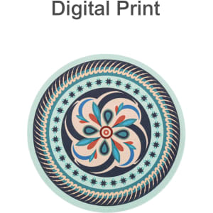 A round trivet featuring a vibrant digital print in shades of blue, pink, and cream. It has a decorative floral design.