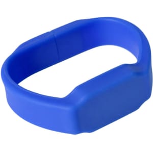 A blue silicone watch flash drive with a smooth surface and compact design, featuring branding.