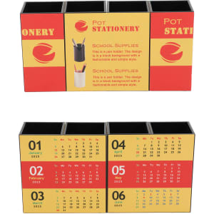 A four-panel foldable pen holder in black and red featuring compartments and a calendar design on the side.