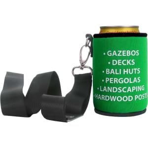 A drink bottle holder in green with a silver carabiner, featuring a list of services in white text.