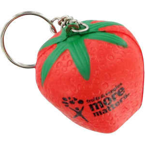 A red strawberry-shaped stress reliever attached to a keyring, featuring a small logo on its surface.