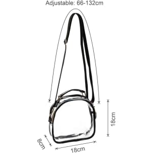 A clear PVC waterproof crossbody bag with black straps, featuring adjustable sizing and a zip closure.