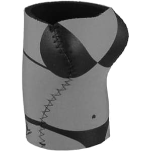 A drink bottle holder shaped like a bikini top, featuring a grey and black design with stitched detailing.