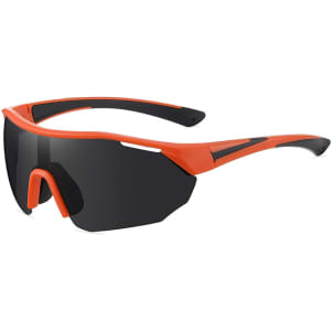 Sports cycling sunglasses in black and vibrant orange, featuring a sleek design with a logo on the side.