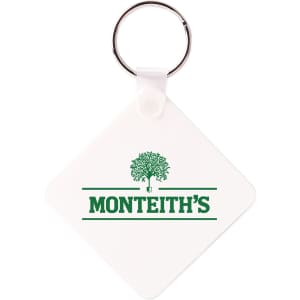 A square white keyring with a silver metal ring and a green logo design.