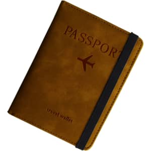 A brown PU leather passport holder with a black elastic band, featuring an airplane graphic and a logo.