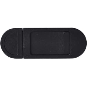 A black tablet webcam cover with a sliding mechanism. It features an oval shape and has a logo.
