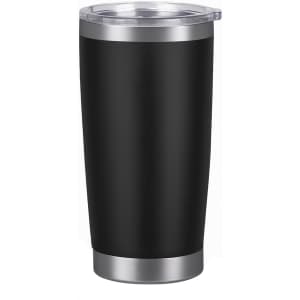 A drink bottle featuring a matte black exterior, stainless steel base, and a clear lid. The bottle also has a logo.