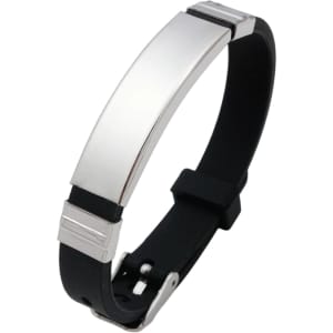 A sleek black and silver metal bracelet featuring a smooth design and a secure clasp. The product has a logo.