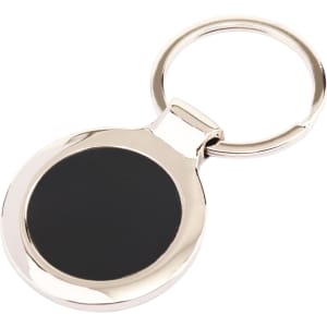 A metallic keyring with a round, glossy black surface and a silver circular attachment.