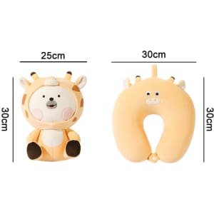 A plush travel pillow shaped like a sitting giraffe in soft orange and cream colours, with a removable neck pillow option.
