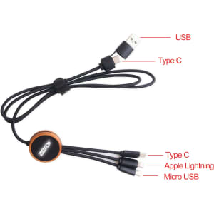 A long, round light-up charging cable with a USB, Type C, Apple Lightning, and Micro USB connectors in black and copper.