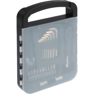 A black and clear tool kit featuring various tools, including bits and Allen keys, in a compact case.