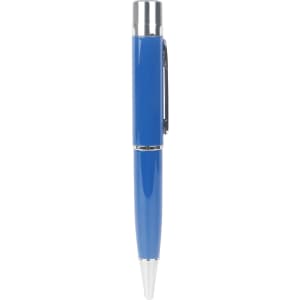 A blue metal pen flash drive with a sleek design and chrome accents. Features a clip and shiny tip.