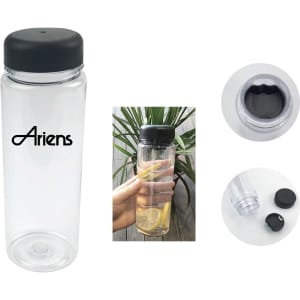 A drink bottle with a clear body and black lid, featuring a logo and an infuser for fruit or herbs.