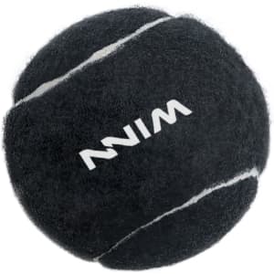 A black tennis ball with white stripes and a logo. The ball has a fuzzy texture typical of tennis balls.