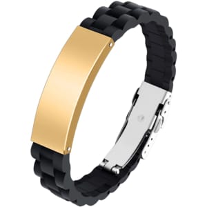 A black silicone bracelet with a gold metal clasp and a rectangular gold plate. Features a logo on the clasp.