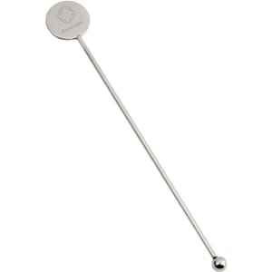 A stainless steel cocktail drink stirrer with a circular top and a rounded end, featuring a logo.
