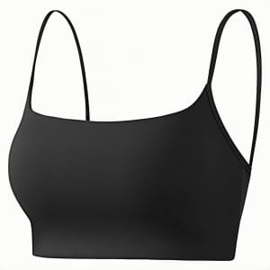 A black seamless thin-strap U-back yoga crop bra tank with a simple, sleek design.