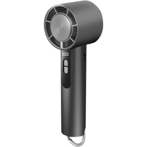 A high-speed cooling fan in sleek black, featuring a cylindrical head and a textured handle, includes a logo.