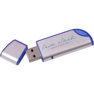 A metallic silver flash drive with a blue cap and a logo.