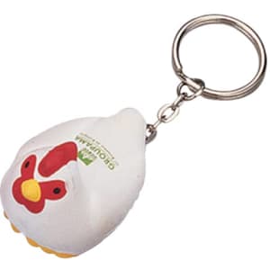 A keyring featuring a white rooster stress reliever with a red comb and yellow feet, attached to a metal ring.