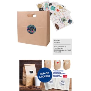 A brown kraft paper bag with a handle and a circular logo, accompanied by decorative stickers.