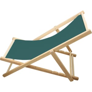 A beach chair with a beech frame and a green fabric seat, shown in a reclining position.
