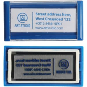 A blue self-inking rubber stamp with a logo, featuring space for an address and contact details.