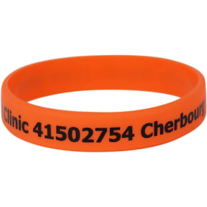 An orange silicone wristband featuring black text and a logo. Ideal for events and exhibitions.