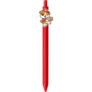 A red acrylic pen featuring a playful dog character holding a box and includes a logo.