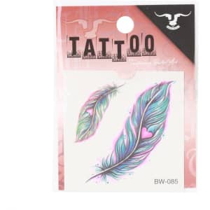 A pack of waterproof temporary tattoos featuring vibrant, multi-coloured feather designs with hearts. Contains branding.