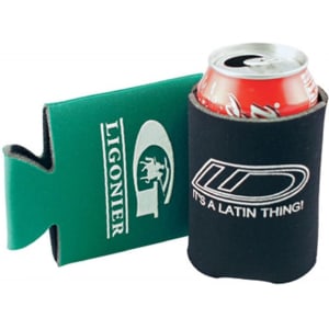 A green and black foldable stubby holder with a can of soft drink inside. It features a logo on both sides.