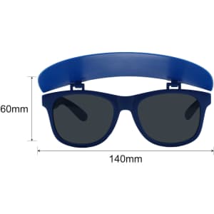 Navy blue flip up visor sunglasses with dark lenses, featuring a central flip-up visor. Dimensions are 140mm by 60mm.