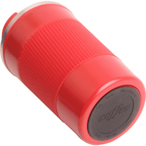 A red stainless steel travel coffee mug with a textured grip and a logo on the base.