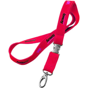 A red neoprene lanyard with a clasp and a logo, featuring a soft, padded design.
