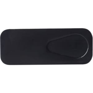 A black webcam cover with a sliding mechanism for lens protection. It features a simple design and has a logo.