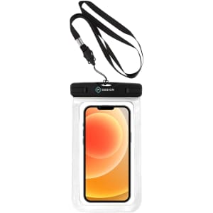 A waterproof phone bag with a clear front and black top, featuring a lanyard for easy carrying.