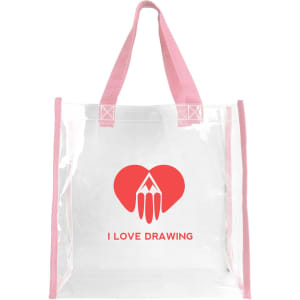 A clear tote bag with pink handles and a logo featuring a heart and drawing elements.