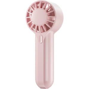 A handheld fan in soft pink, featuring a circular fan design and a simple push-button. It has a branding logo.