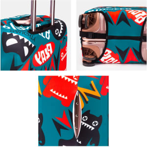 A suitcase cover featuring a colourful design with various graphic characters in red, black, and blue. It includes a logo.