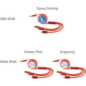 A red 3-in-1 retractable charging cable with multiple connectors, featuring an epoxy domed logo and options for screen printing and engraving.